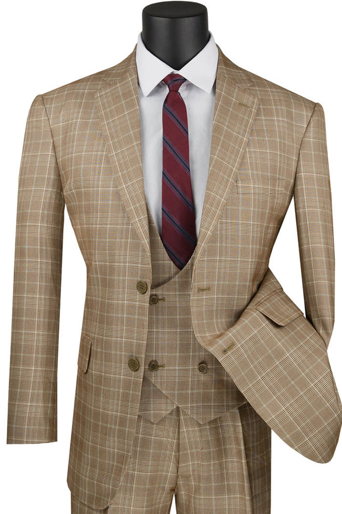 Mens 2 Button Vested Peak Lapel Plaid Windowpane Suit in Brown by Vinci