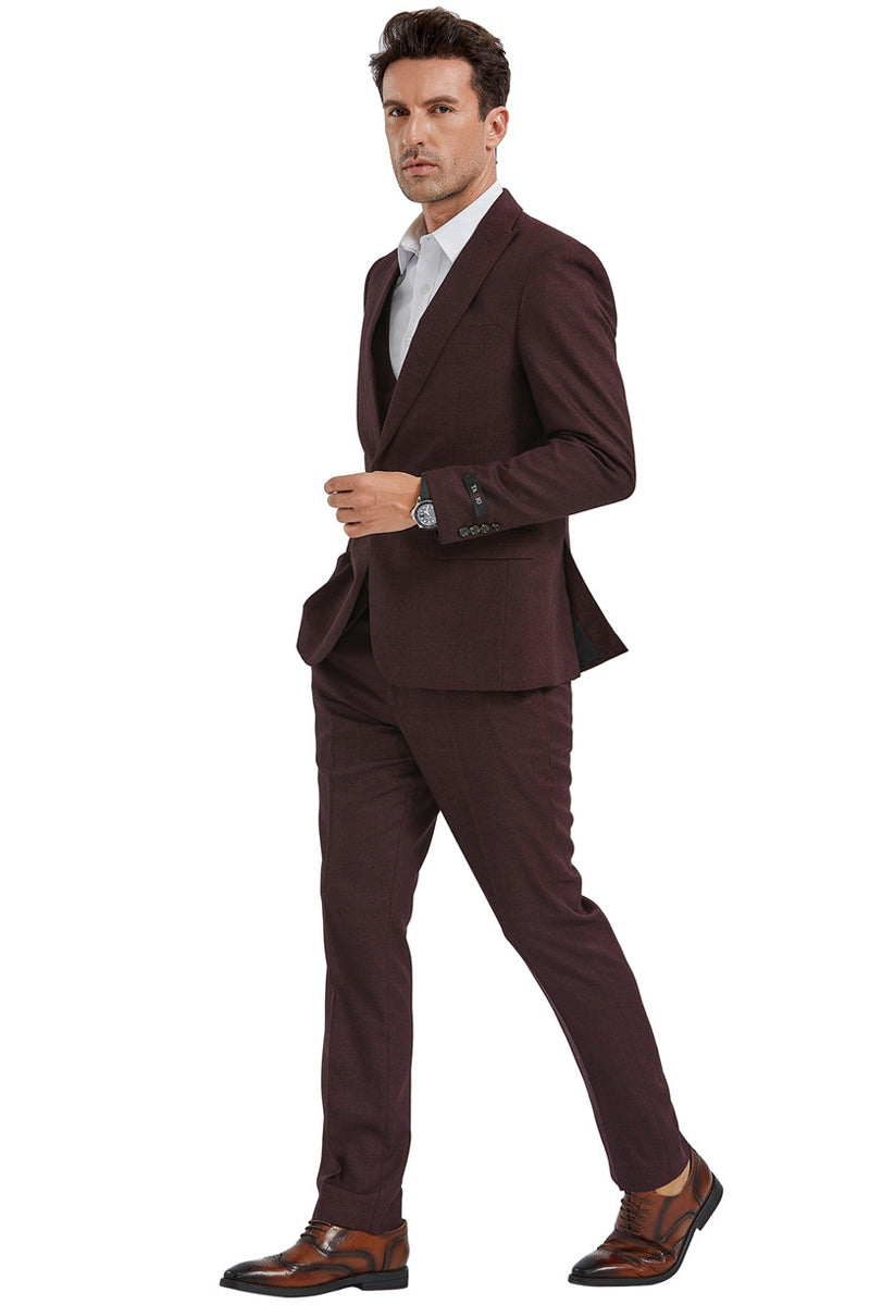 Men's Burgundy Sharkskin Slim Fit Suit with Double Vest
