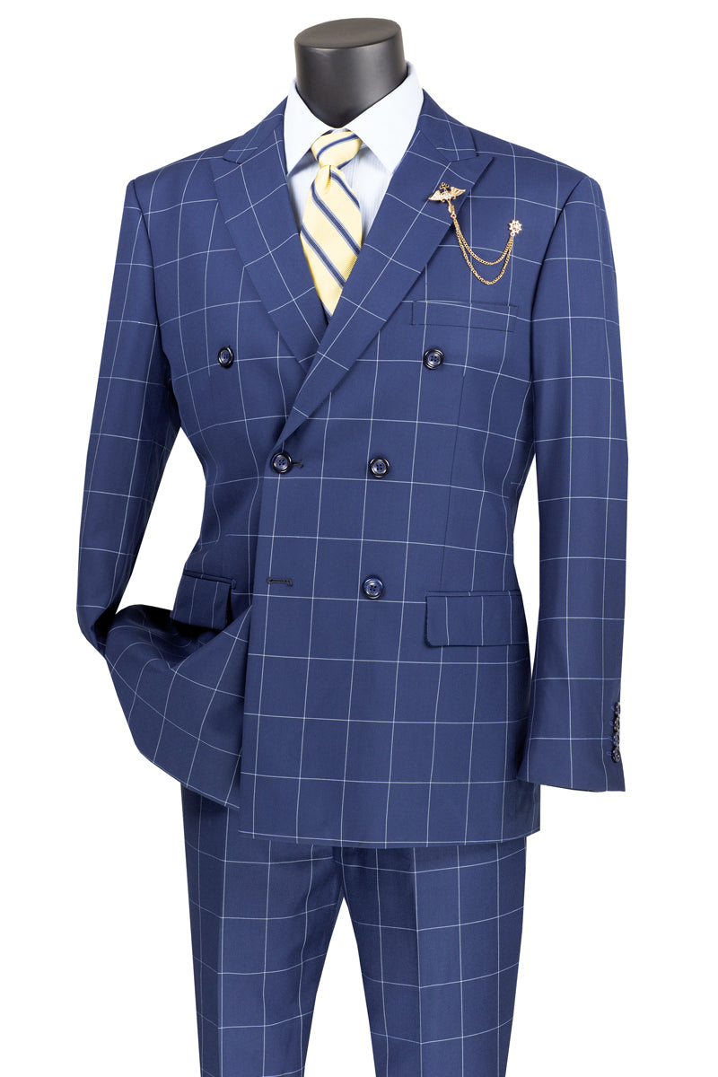 Mens Double Breasted Windowpane Plaid Suit in Blue