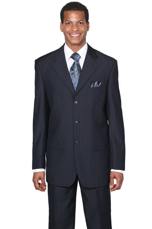 Mens Classic Fit 3 Button Tonal Pinstripe Suit in Navy Blue by Fortino Landiin