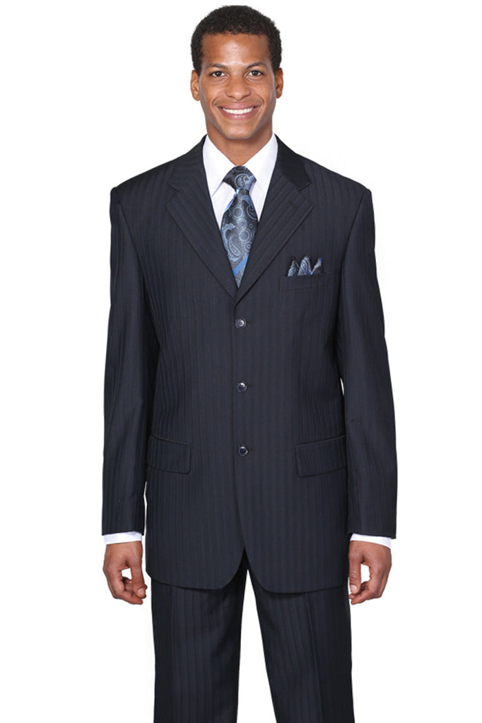 Mens Classic Fit 3 Button Tonal Pinstripe Suit in Navy Blue by Fortino Landiin