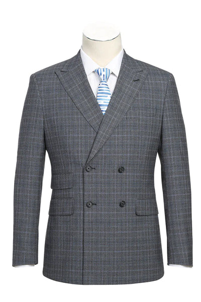 Mens Designer Slim Fit Double Breasted Suit in Light Grey Windowpane Plaid Check