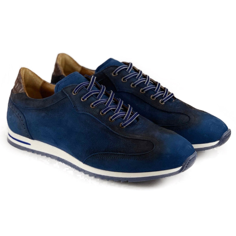 Zelli Costa Suede and Crocodile Brogue Sneakers in Navy