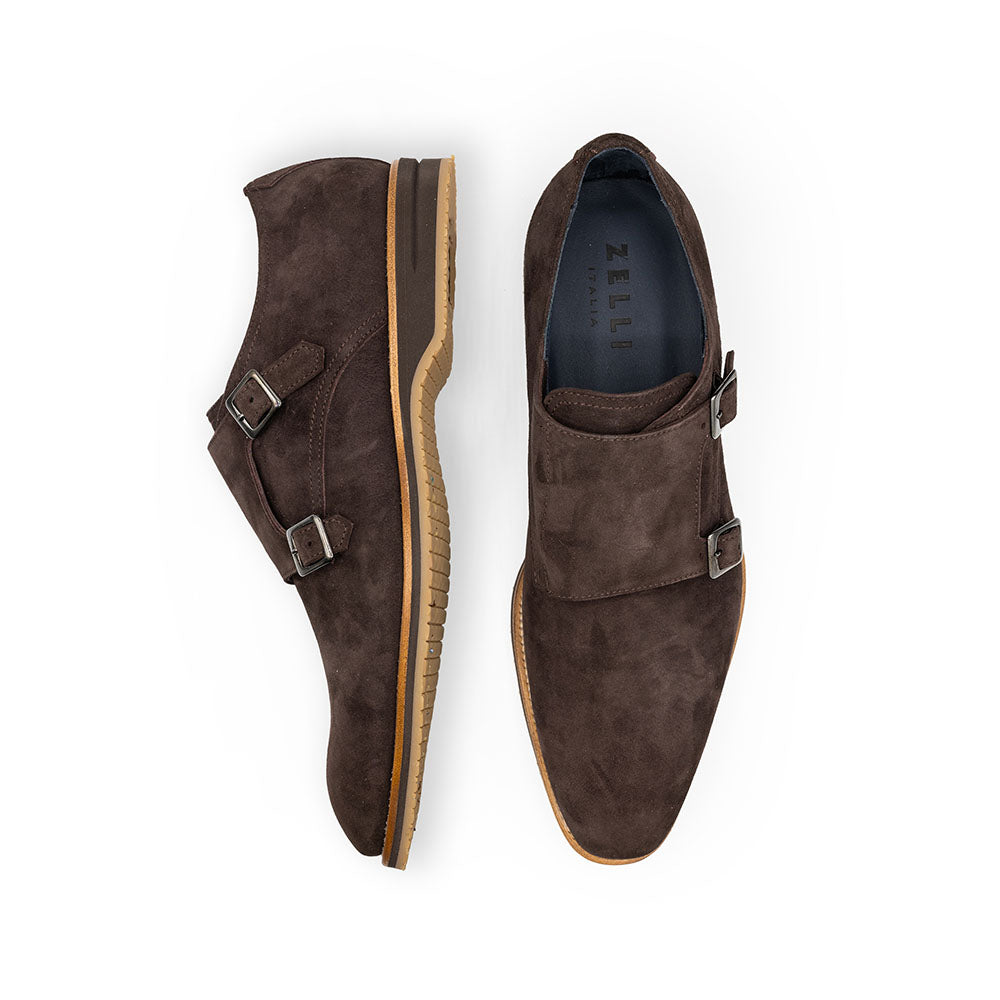 Zelli Legerra Goatskin Suede Double Monkstrap in Chocolate Brown