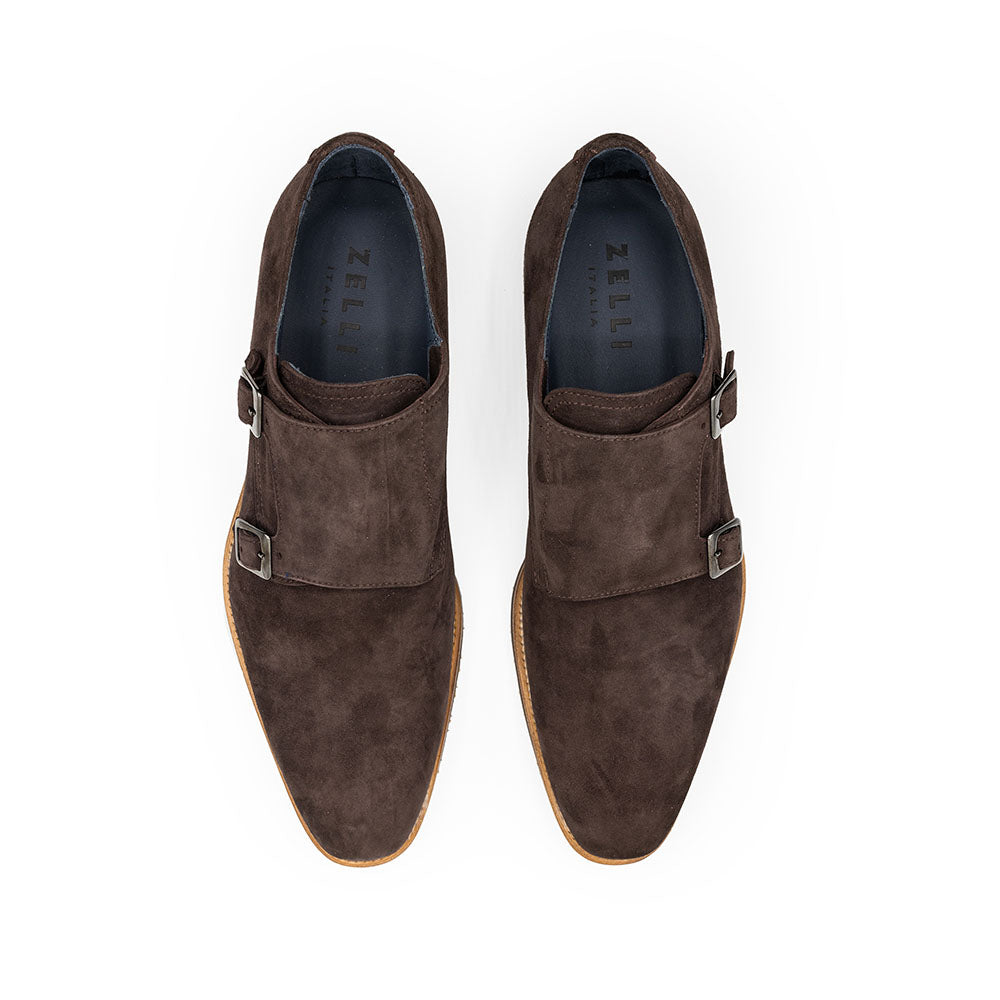Zelli Legerra Goatskin Suede Double Monkstrap in Chocolate Brown