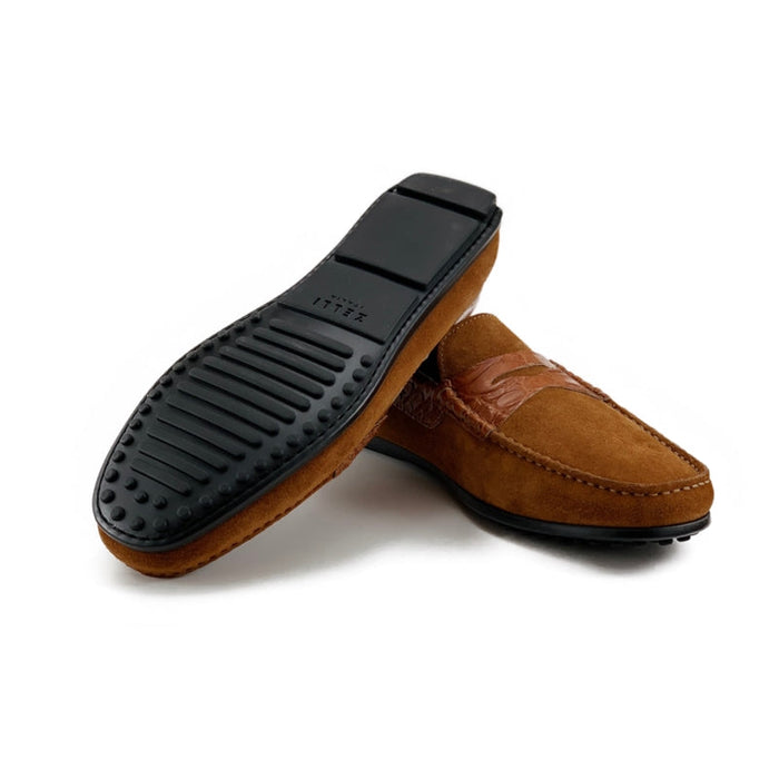 Zelli Monza Suede and Caiman Crocodile Driving Loafer in Cognac