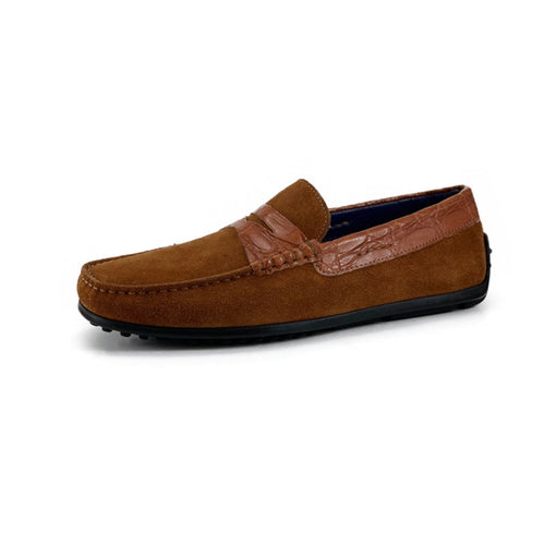 Zelli Monza Suede and Caiman Crocodile Driving Loafer in Cognac