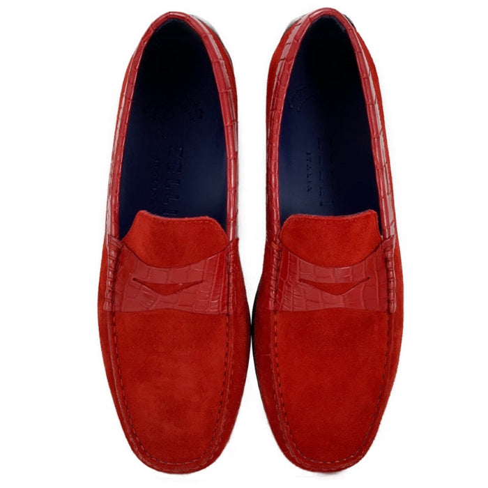 Zelli Monza Suede and Caiman Crocodile Driving Loafers in Red