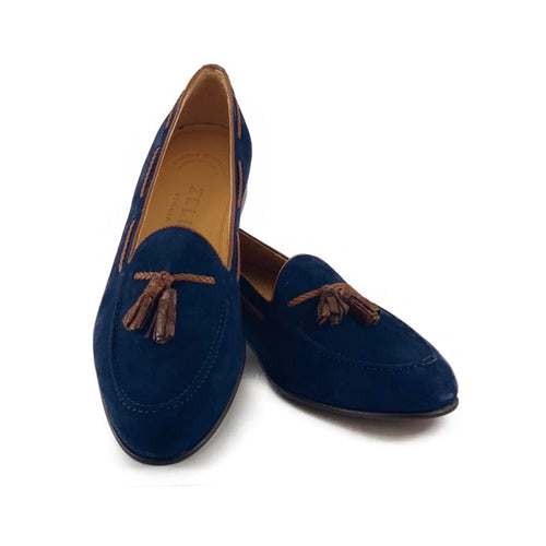 Zelli Naples Suede Loafers with Genuine Crocodile Tassels in Navy
