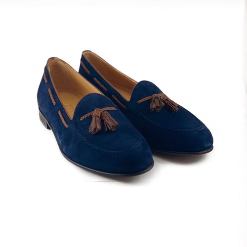 Zelli Naples Suede Loafers with Genuine Crocodile Tassels in Navy