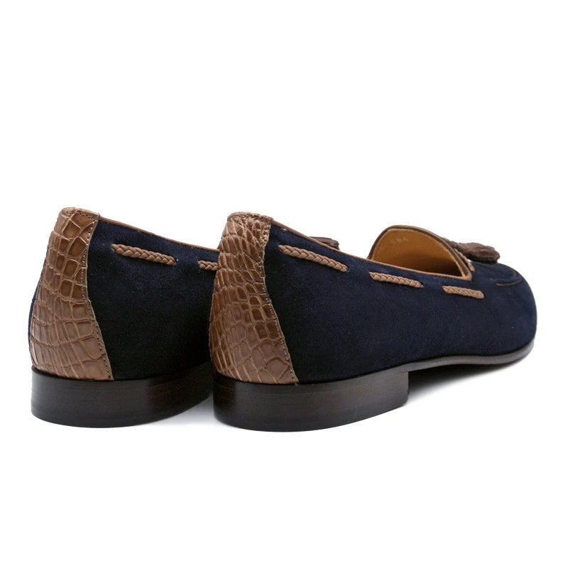 Zelli Naples Suede Loafers with Genuine Crocodile Tassels in Navy
