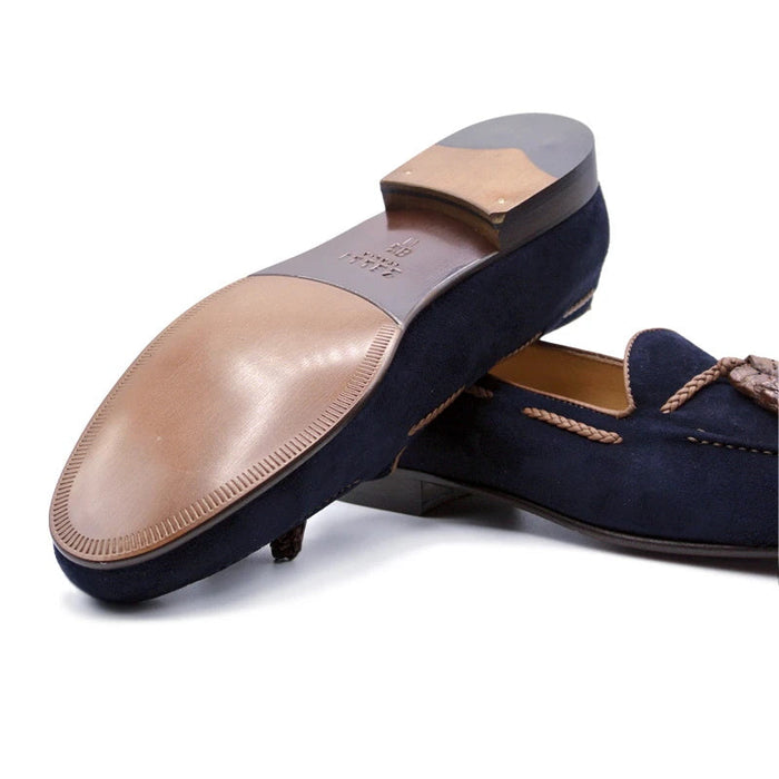 Zelli Naples Suede Loafers with Genuine Crocodile Tassels in Navy