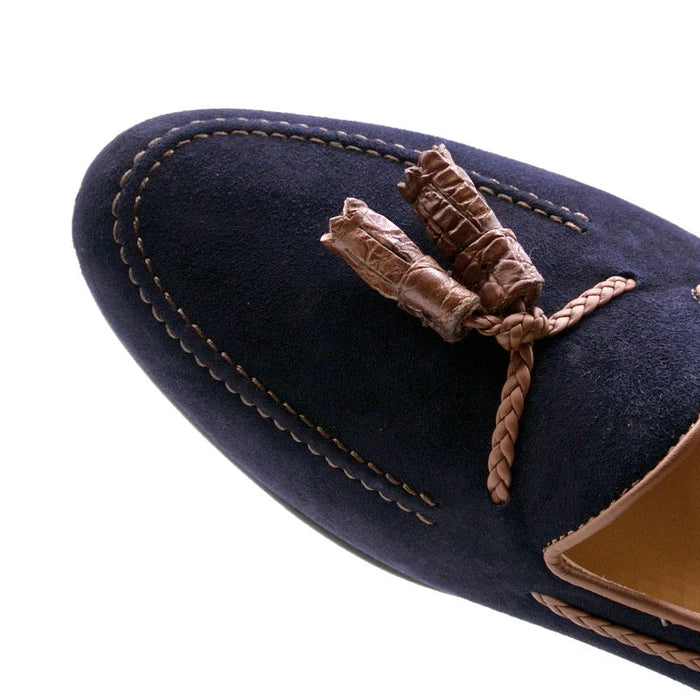 Zelli Naples Suede Loafers with Genuine Crocodile Tassels in Navy