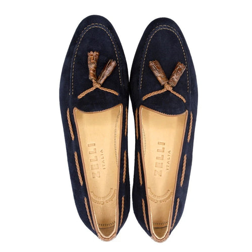 Zelli Naples Suede Loafers with Genuine Crocodile Tassels in Navy