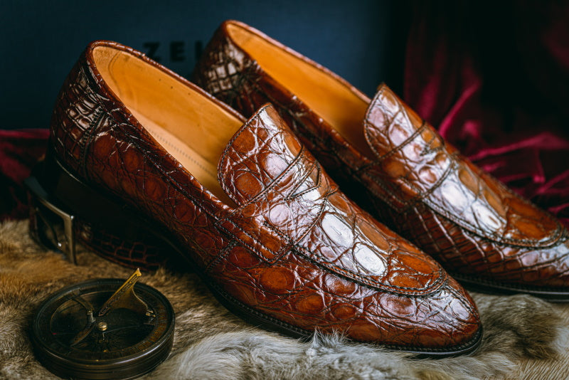 Zelli Roma Genuine Caiman Crocodile Penny Loafers in Cognac