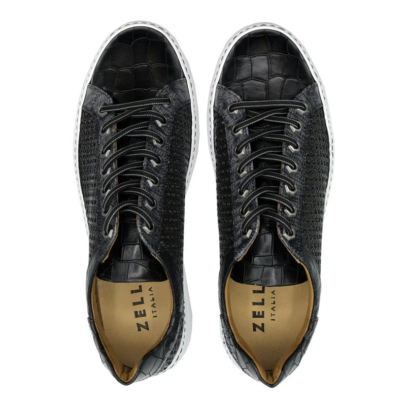 Zelli Vento Woven Calfskin & Crocodile Embossed Sneakers in Black