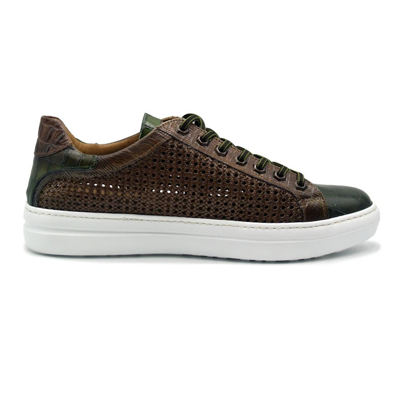 Zelli Vento Woven Crocodile Embossed Calfskin Sneakers in Cognac