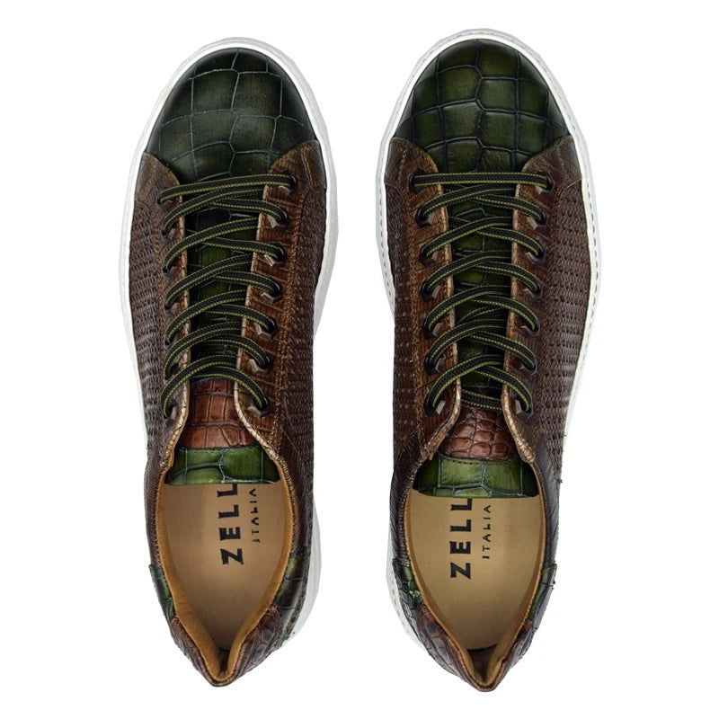 Zelli Vento Woven Crocodile Embossed Calfskin Sneakers in Cognac