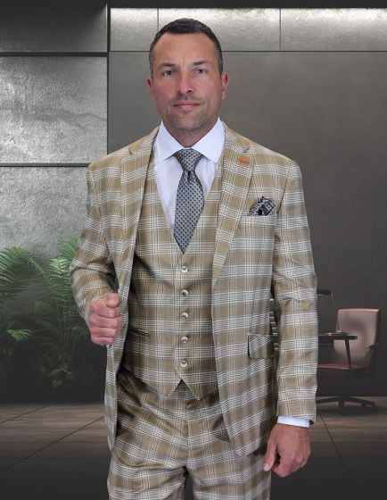 Statement Men’s 3-Piece 100% Wool Modern Fit Suit – Sharp Plaid Pattern