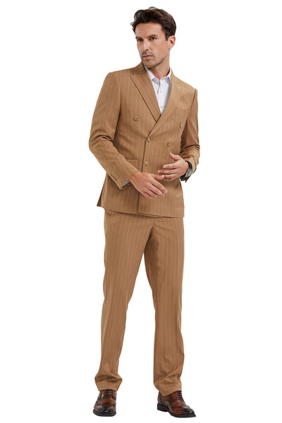 Men's Vintage Double Breasted Pinstripe Suit in Camel