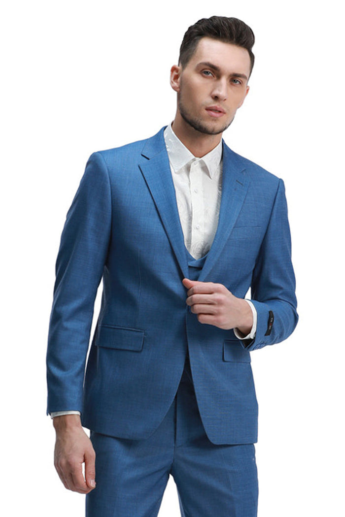 Men's Indigo Blue Sharkskin Suit with One Button Vest