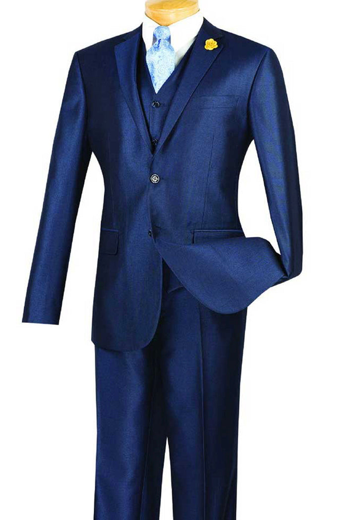 Mens Vested Slim Fit Shiny Sharkskin Suit in Beige by Vinci