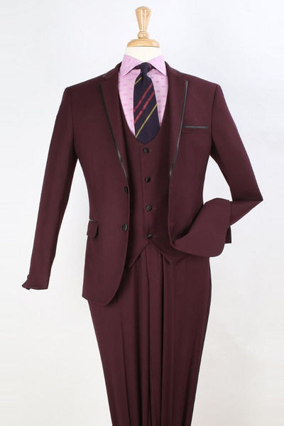 "Elegant Burgundy Tuxedo for Prom or Bridal Party: Apollo King Vested Slim Fit Suit with Trim"