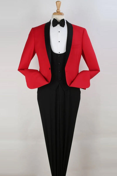 "Regal Prom or Bridal Tuxedo: Diamond Red Shawl Collar with Scoop Vested Single Button"