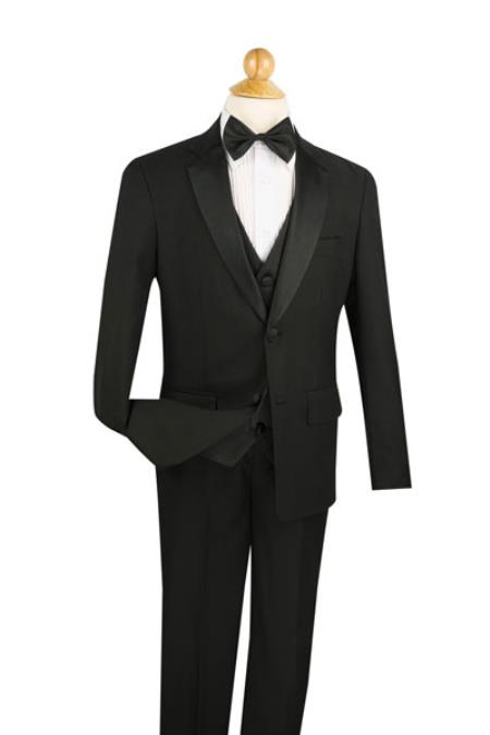  Two Button Boy's 5 Piece Tuxedo Pleated Slacks Pant,Shirt And Bow Tie Notch Lapel Liquid Jet Black Wool Fabric 