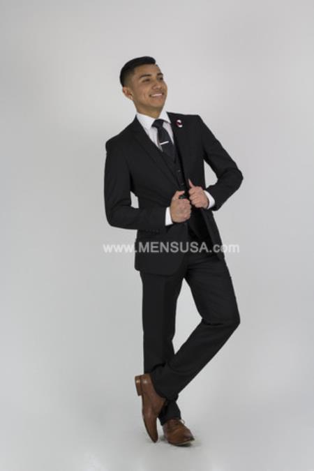 2 Button Style Notch Lapel Slim narrow Style Fit Suit With Center Vent Black