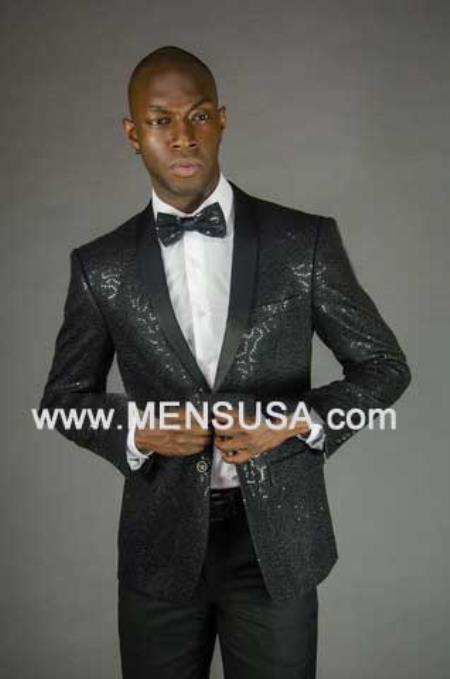 Sequin Blazer 2 Button Style Sequin Shawl Lapel Slim narrow Style Fit Jacket Black Clearance Sale Online