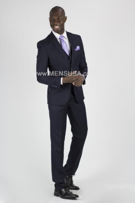 2 Button Style Suit Slim narrow Style Fit Notch Lapel With Center Vent Navy