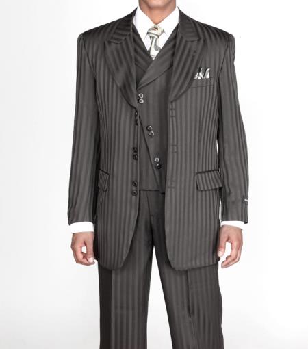 3 piece Fashion Tone on Tone Stripe ~ Pinstripe 1940s men's Suits Style for Online w/Vest Liquid Jet Black 