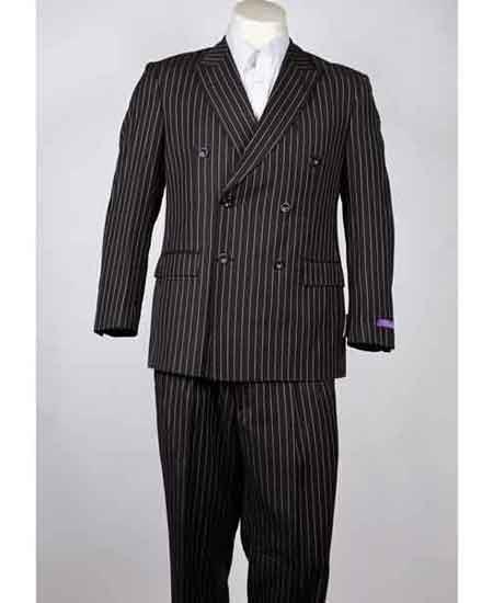 Pinstripe Classic Fit 6 Button Peak Lapel Liquid Jet Black Double Breasted Suit