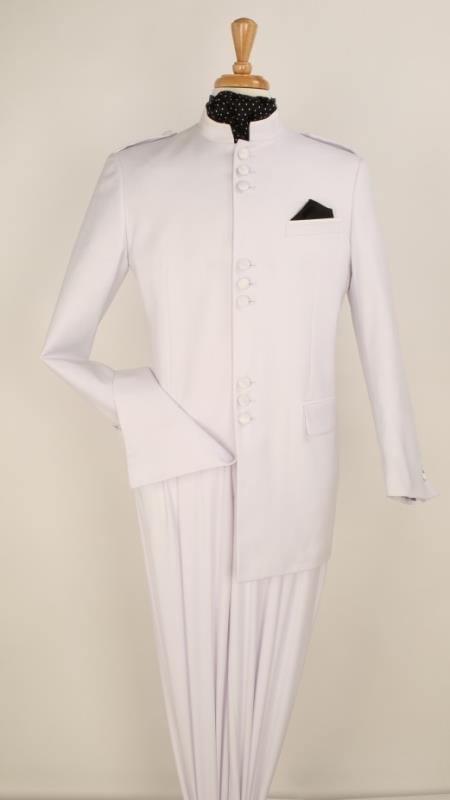 Apollo King 2 Piece Nehru Style Suit - no collar mandarin Collar - White 