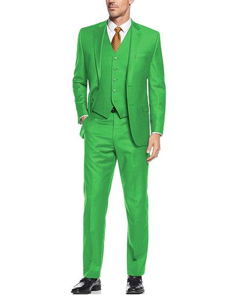 Men's Lime Green ~ Apple Vested 3 Piece Suit Flat Side Vented 2 button suits 