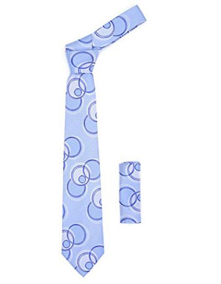 Men's Baby Blue Geometric Necktie with Stylish Outline Grey & Dark Blue Circles Includes Hanky Set