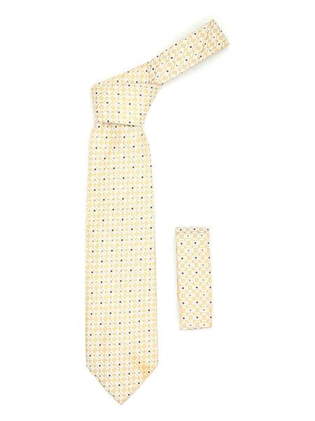  Men's Beige Geometric Square Pattern Trendy Necktie With Hanky Set