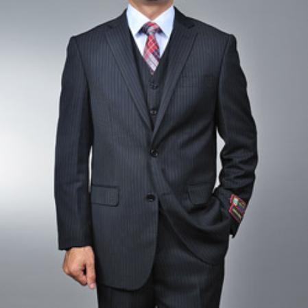 Liquid Jet Black Pinstripe 2-button Vested three piece suit 