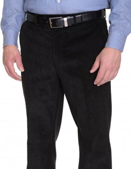 Men's Regular Fit Black Corduroy Cotton Flat Front Formal Dressy Pant