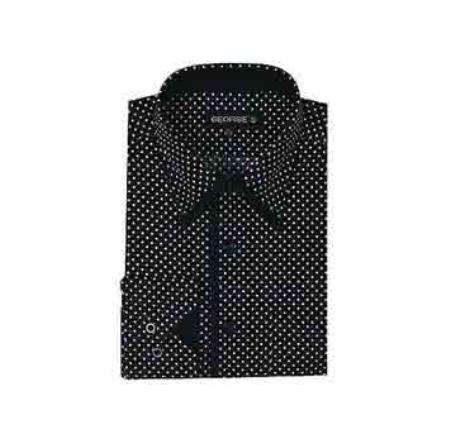  Classic Fit Mini Polka Dot Design Liquid Jet Black Dress Shirt