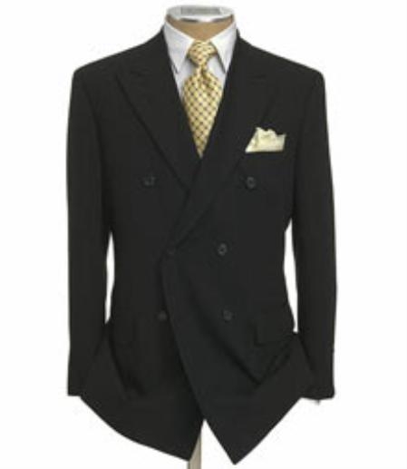 Double Breasted Suit Jacket + Pleated Slacks Pants Superior Fabric 140's 100% Wool Fabric Solid Liquid Jet Black 