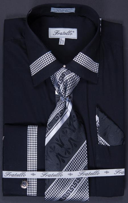 French Cuff Dress Shirt, Tie, Hanky and Cuff Links - Patched Liquid Jet Black 