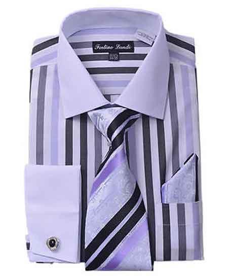  Classic Fit French Cuff Striped Liquid Jet Black Dress Shirt With Matching Tie And Hanky
