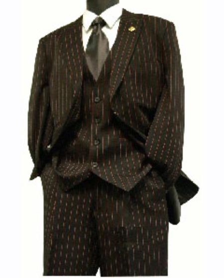 pronounce visible Gangester Classic Pinstripe 1940s men's Suits Style for Online w/Vest Liquid Jet Black with red color shade Stitching 