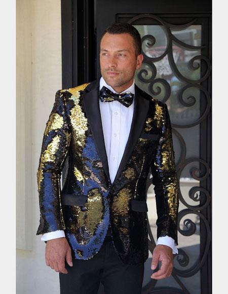 Mens Single Breasted Gold/Black/Blue Sequin Paisley Black Satin Shawl Lapel Sportcoat Blazer ~ Suit Jacket