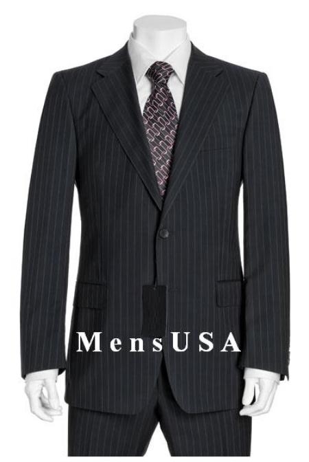 NEW Liquid Jet Black & Gray Mini Thin Pinstripe Suit Fabric 2 Button Style Jacket Flat front Pants side back vent coat style coat conservative suit
