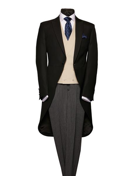  Men's Plain Black Light Weight Wool Morning Coat With Stripe Pattern Trousers