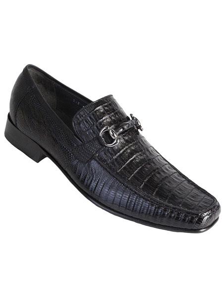  Men's Los Altos Boots Stylish Black Genuine Caiman Belly and Lizard Classic Slip-On Dress Shoes