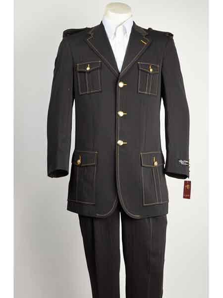  Liquid Jet Black Notch Lapel Military Style Fashion Pocket Suit 